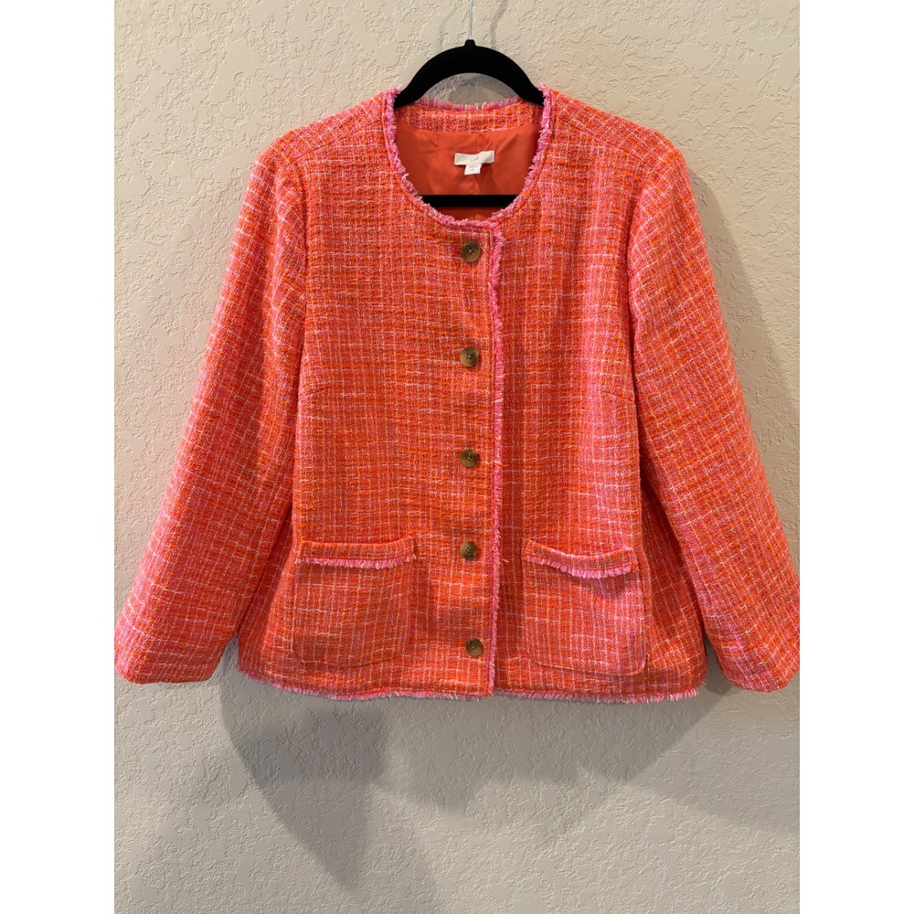 J. Jill Orange Pink Tweed Fringe Blazer Jacket Large Tall Cotton Blend Lined